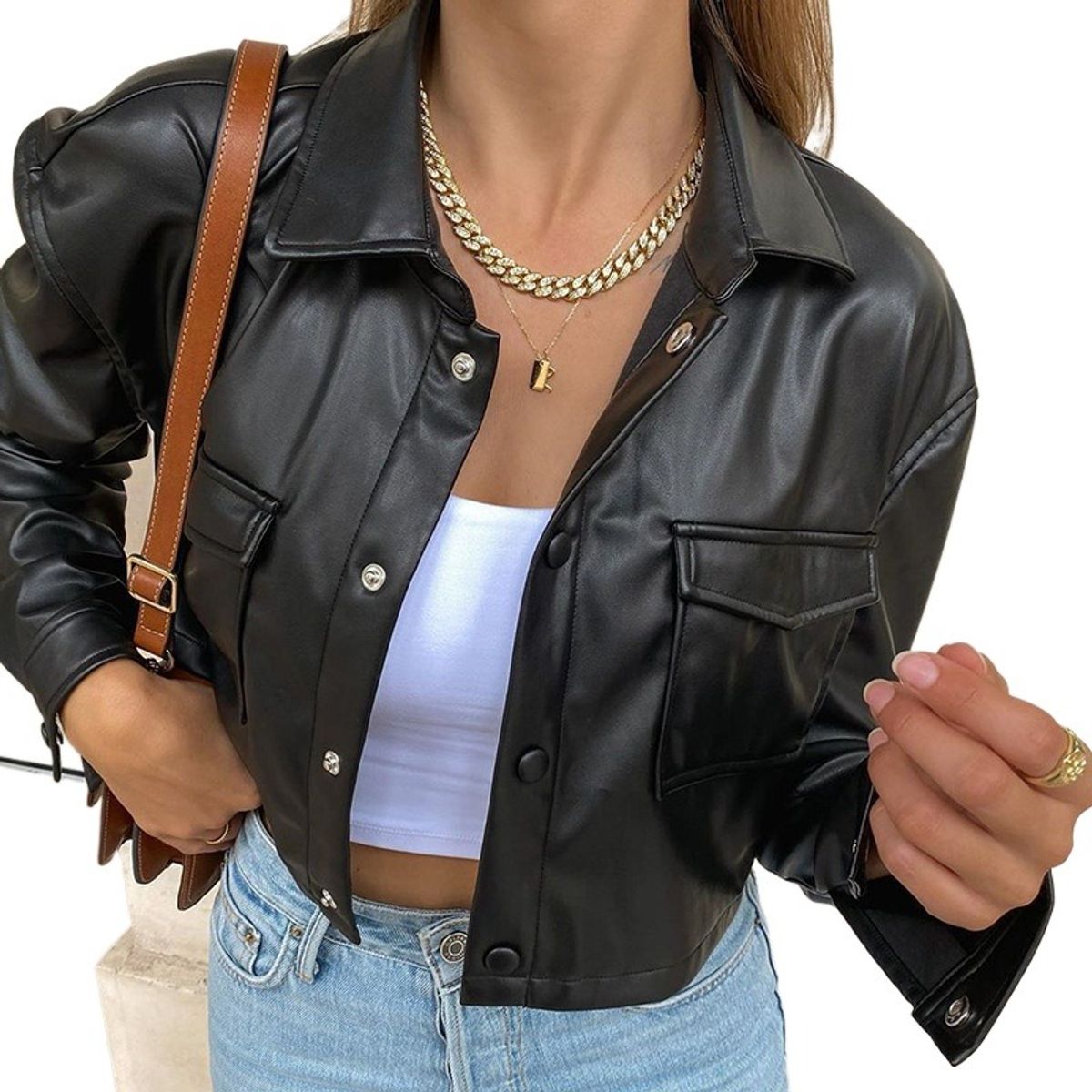GIOIO - Chaqueta Mujer Crop PU Estilo Europeo Ajustada Nuevo