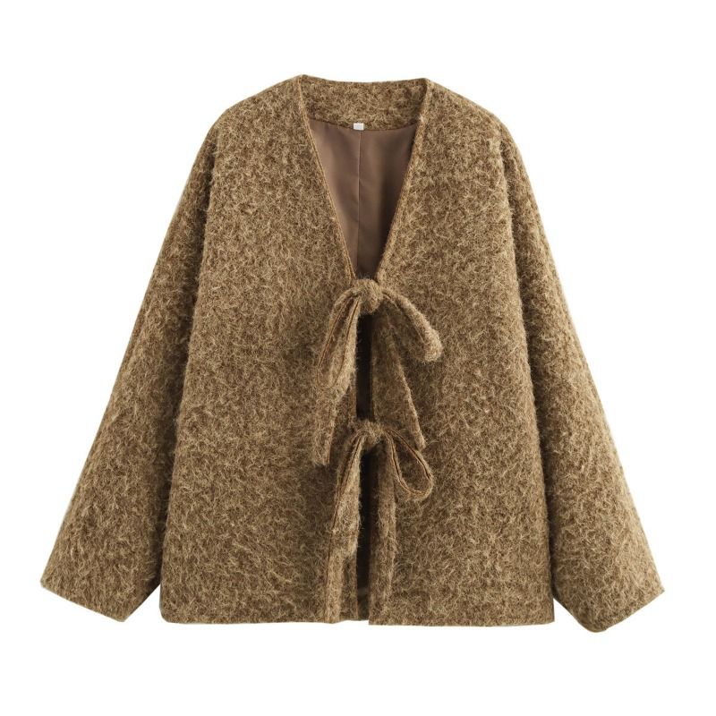 GIOIO - Chaqueta Mujer Cuello V Lazada Tejido Suelto Invierno
