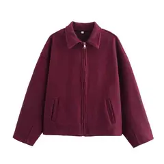 GIOIO - Chaqueta Corta Mujer Cremallera Manga Larga Marrón Retro Casual