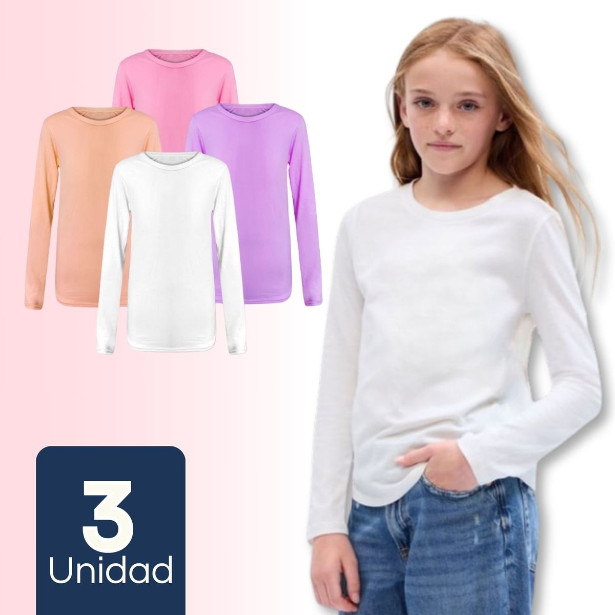 UTILISIMO - Pack 3 Camisetas Primera Capa Poleras Niña Bambú Manga Larga Surtido