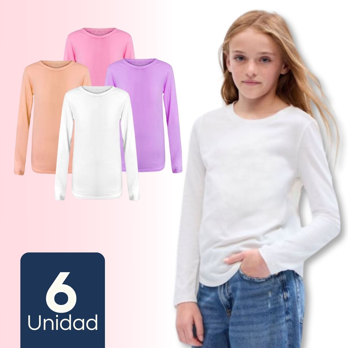 UTILISIMO - Pack 6 Camisetas Primera Capa Poleras Niña Bambú Manga Larga Surtido