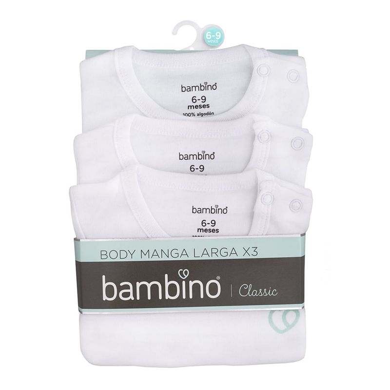 GENERICO - Tripack Body Manga Larga Unisex Blanco 6-9 Meses