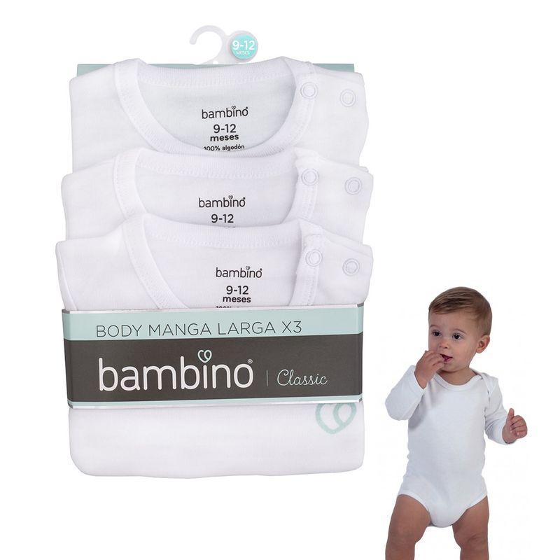 GENERICO - Tripack Body Manga Larga Unisex Blanco 9-12Meses
