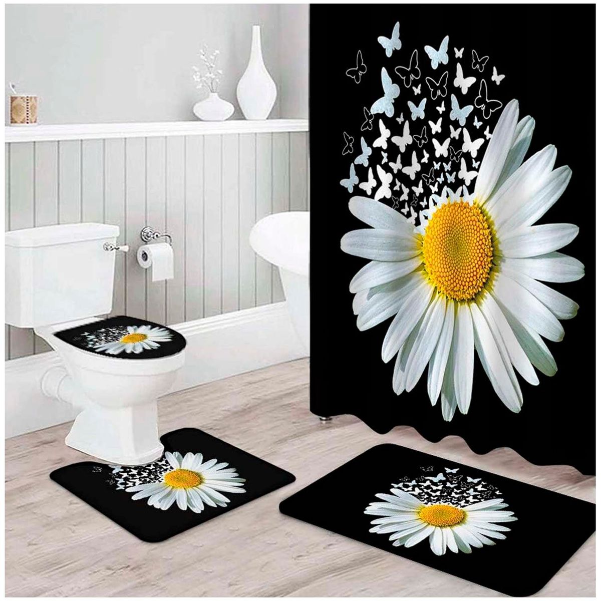 GENERICO - Juego de cortina y alfombra para el baño 04 piezas