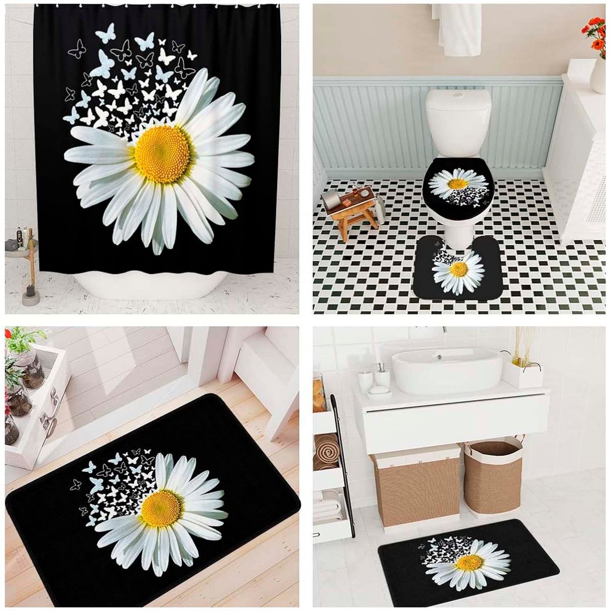 GENERICO - Juego de cortina y alfombra para el baño 04 piezas