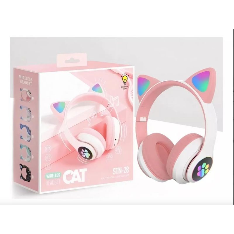 GENERICO - Audifonos Inalambricos Orejas de Gato Bluetooth Blanco Rosa