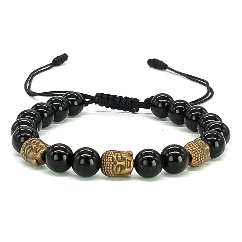 GENERICO - Pulsera Ónix Triple Buda Amuleto de Protección y Meditación