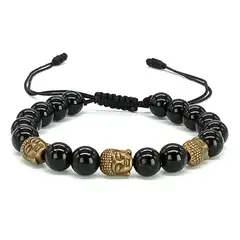GENERICO - Pulsera Ónix Triple Buda Amuleto de Protección y Meditación