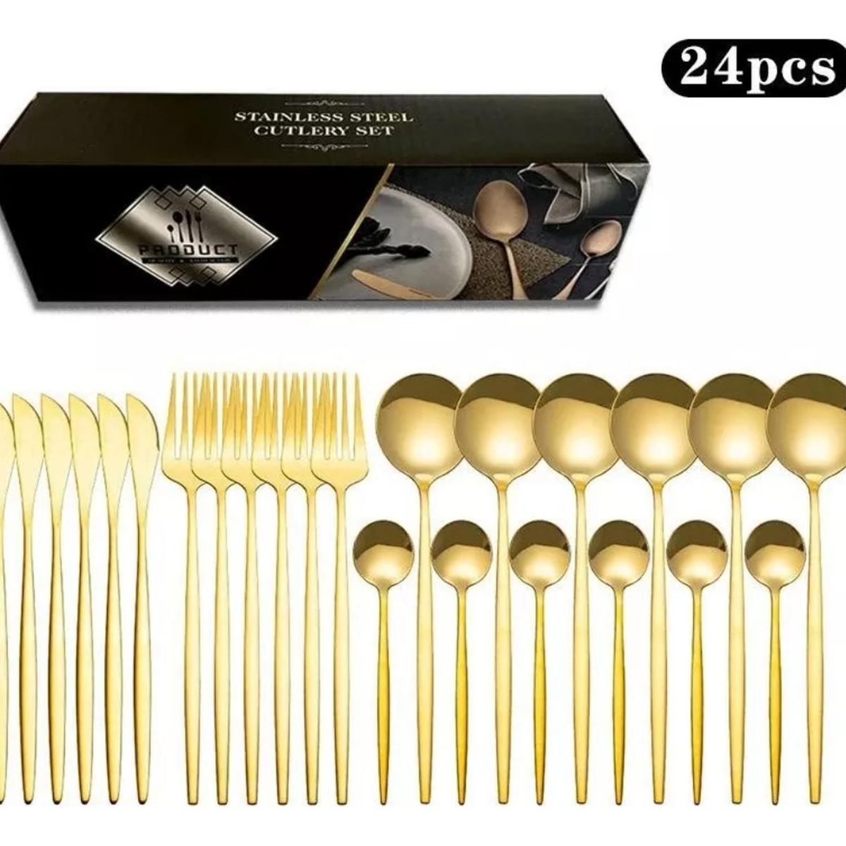 IMPORTCLICK - Set 24 Piezas Cubiertos Acero Inoxidable Color Dorado - Dorado