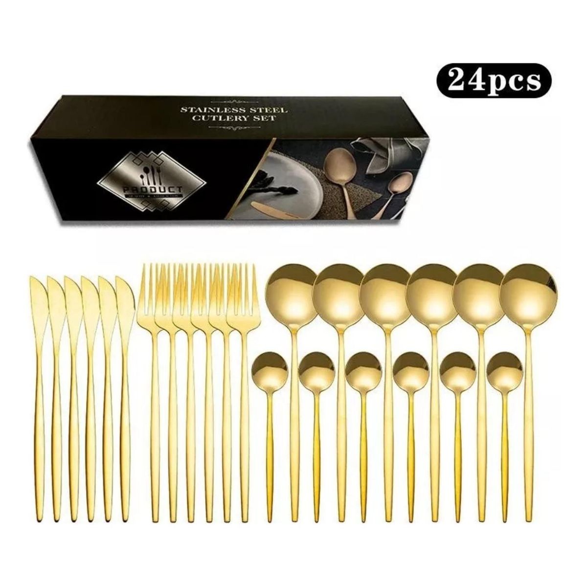 IMPORTCLICK - Set 24 Piezas Cubiertos Acero Inoxidable Color Dorado - Dorado
