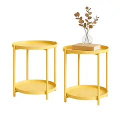 MOBOI - Pack 2 Mesas Lateral Auxiliar 2 Niveles Metalica 42x42x52cm Beige.