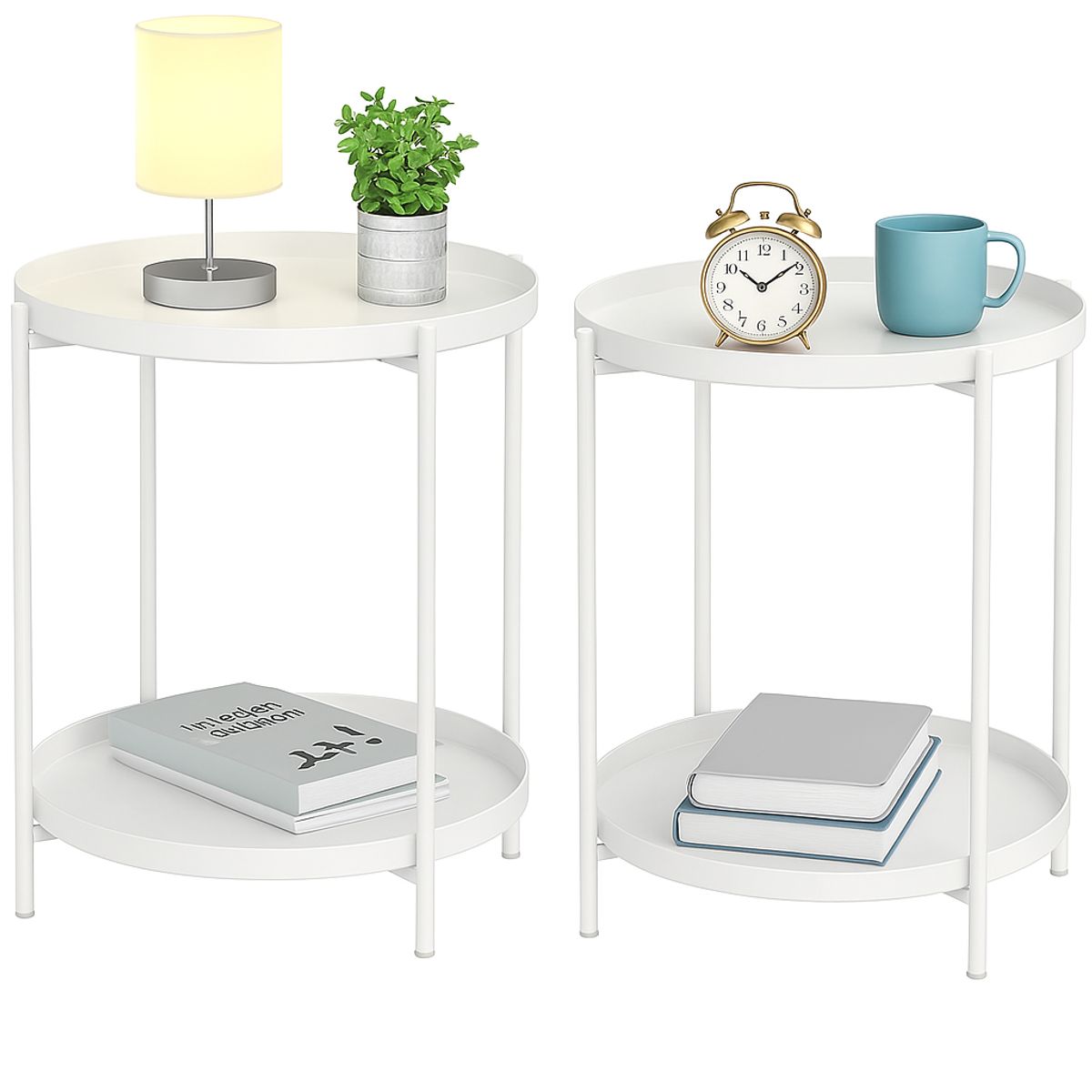 MOBOI - Pack 2 Mesas Lateral Auxiliar 2 Niveles Metalica 42x42x52cm Blanco