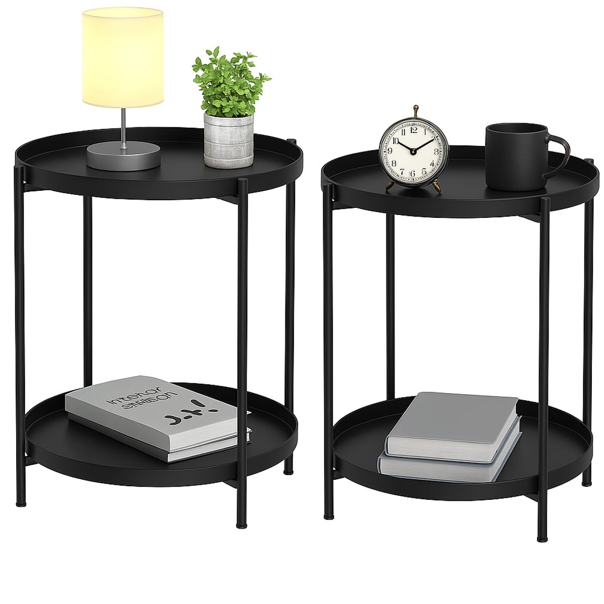 MOBOI - Pack 2 Mesas Lateral Auxiliar 2 Niveles Metalica 42x42x52cm Negro