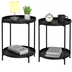 MOBOI - Pack 2 Mesas Lateral Auxiliar 2 Niveles Metalica 42x42x52cm Negro.
