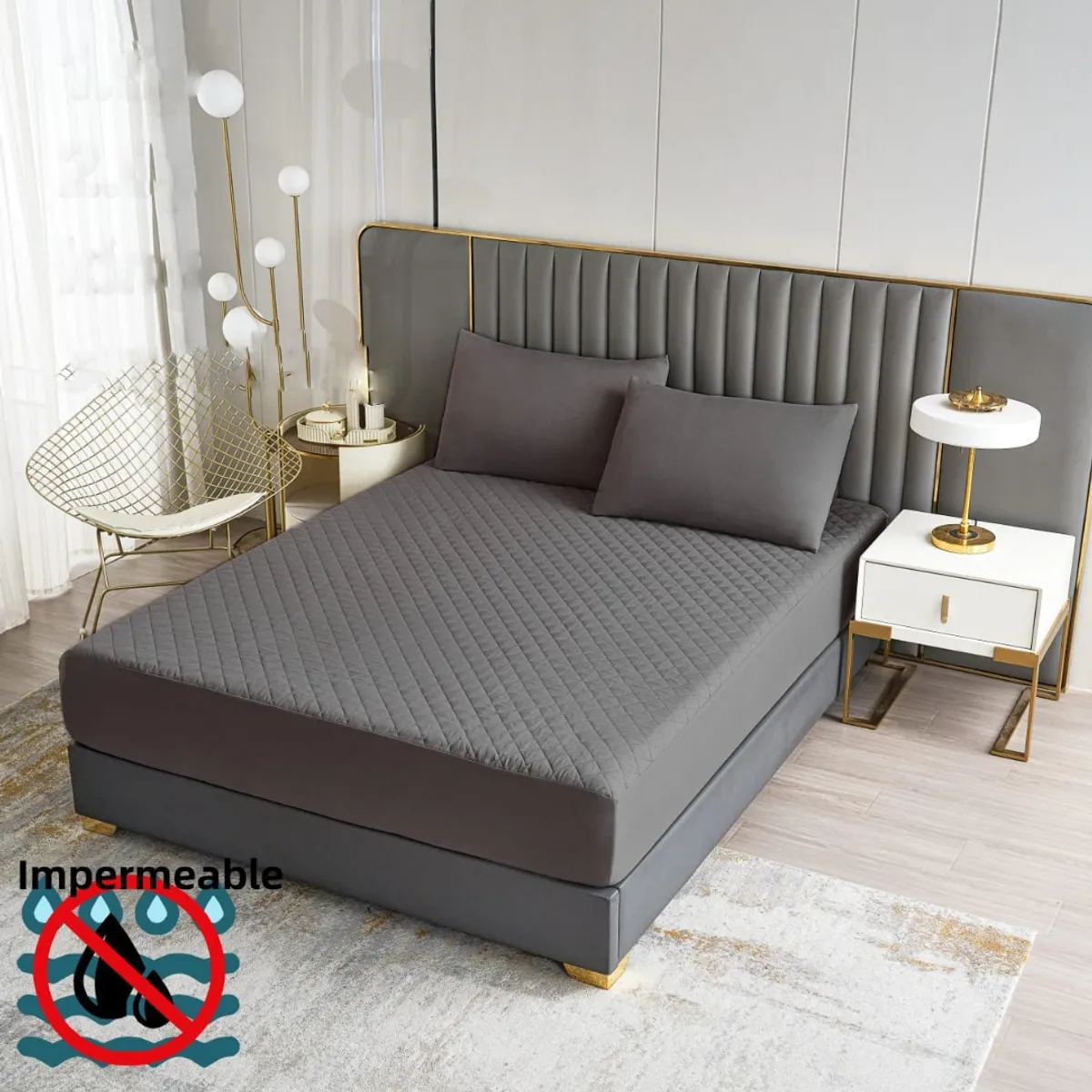 GENERICO - cubre colchón GRIS 2 plaza protector impermeable 2 funda almohada