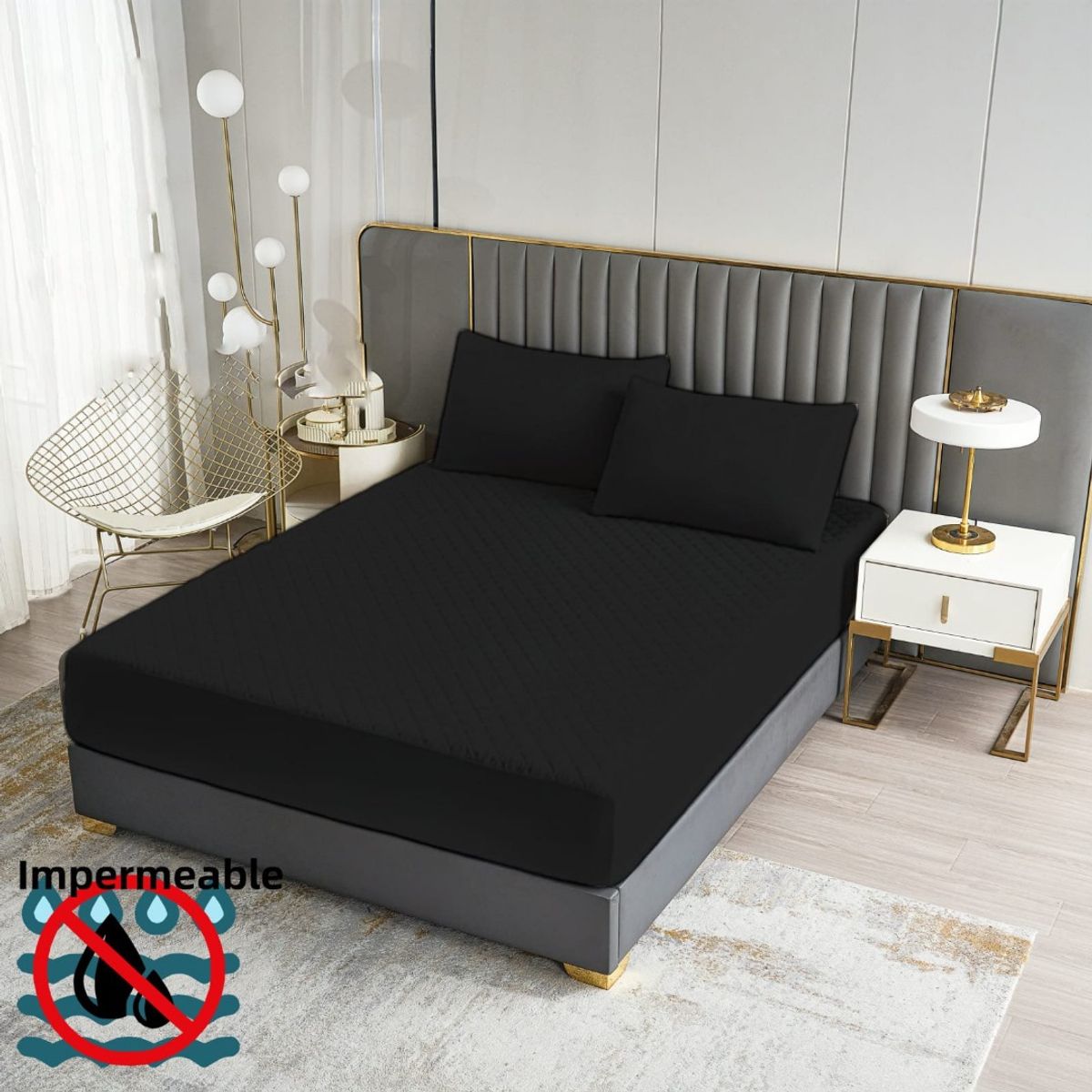 GENERICO - cubre colchón NEGRO SUPER KING impermeable 2 funda almohada