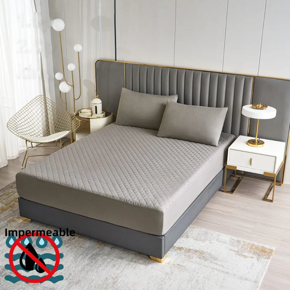 GENERICO - cubre colchón KING GRIS protector impermeable 2 funda almohada
