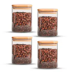 GENERICO - Pack 4 Contenedores Tarros Hermético Vidrio Tapa Bambú 800ml