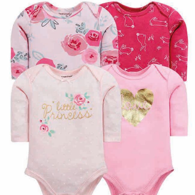 TEDMIMAK - bodys manga larga  bebe 100% algodon pack de 4 unidades