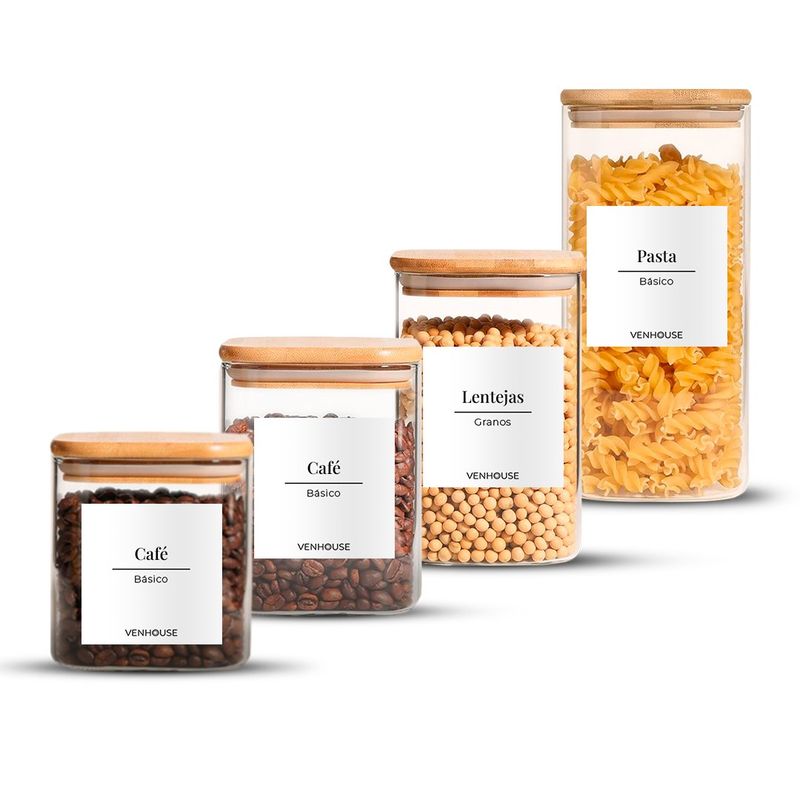 GENERICO - Set 4 Contenedores Herméticos Blancos Vidrio Cocina Despensa Bambú