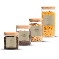 GENERICO - Set 4 Contenedores Herméticos Beiges Vidrio Cocina Despensa Bambú