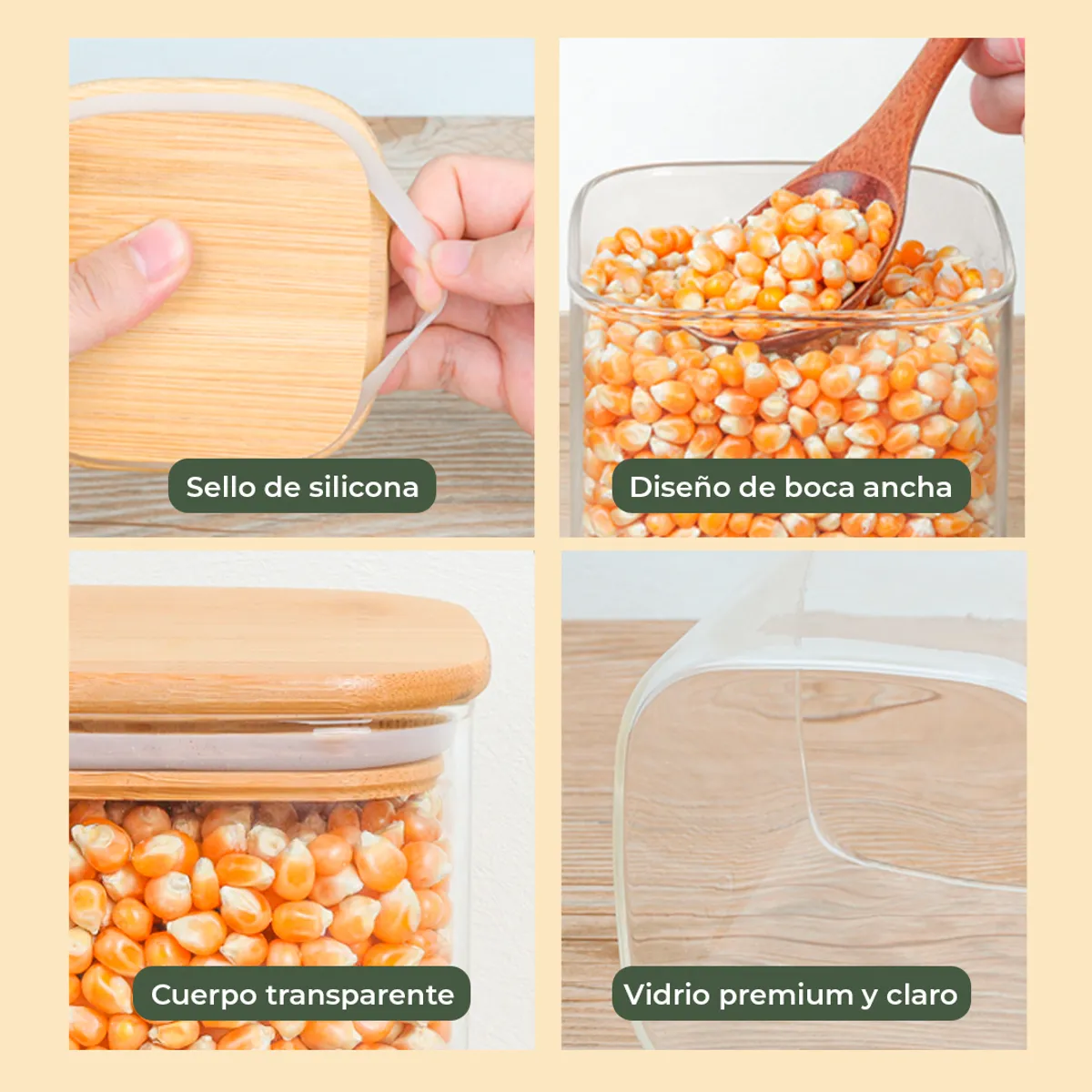 GENERICO - Set 4 Contenedores Herméticos Marrón Claro Vidrio Cocina Despensa Bambú