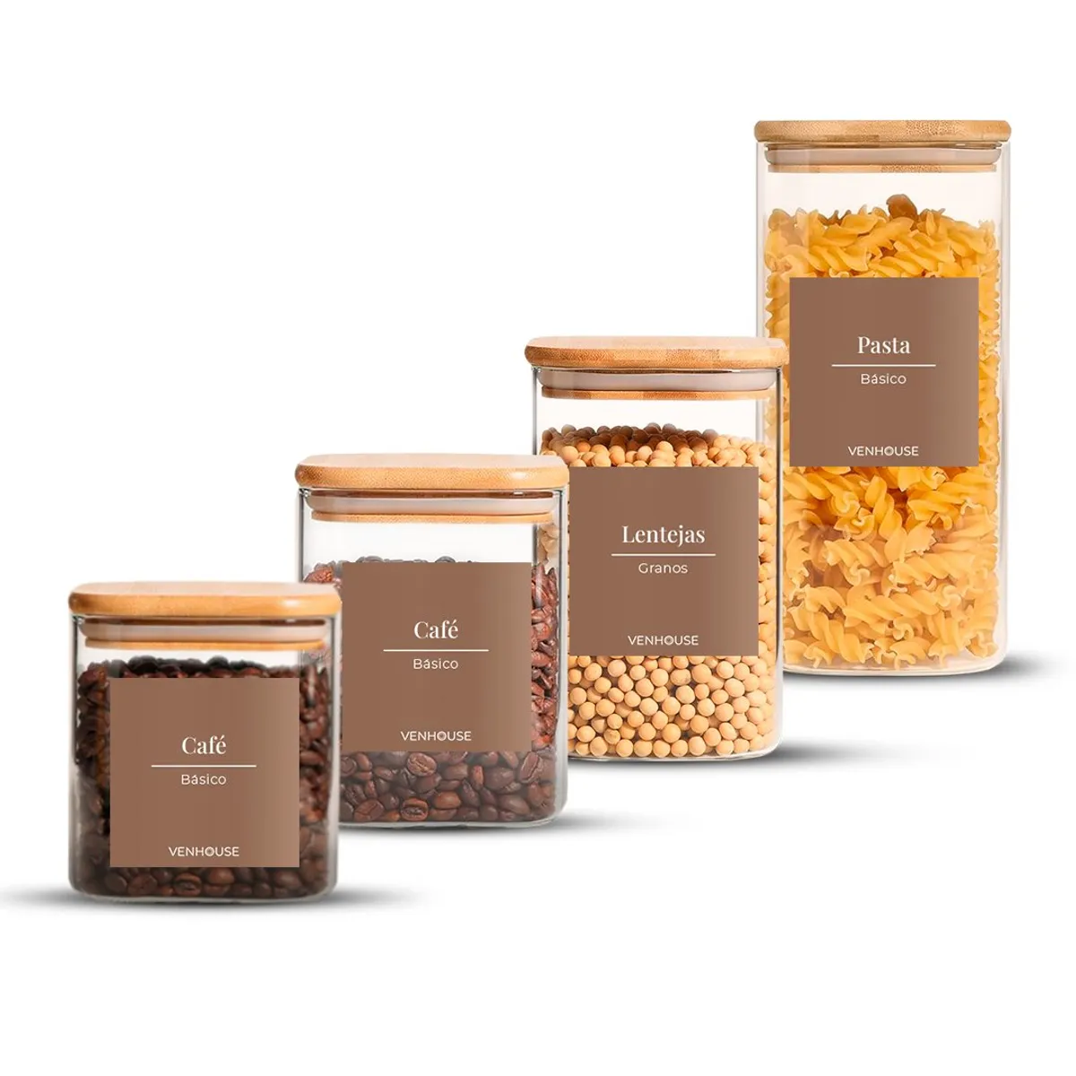 GENERICO - Set 4 Contenedores Herméticos Marrón Claro Vidrio Cocina Despensa Bambú