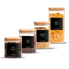 GENERICO - Set 4 Contenedores Herméticos Negros Vidrio Cocina Despensa Bambú
