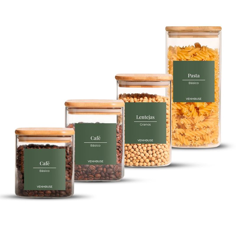 GENERICO - Set 4 Contenedores Herméticos Verde musgo Vidrio Cocina Despensa Bambú