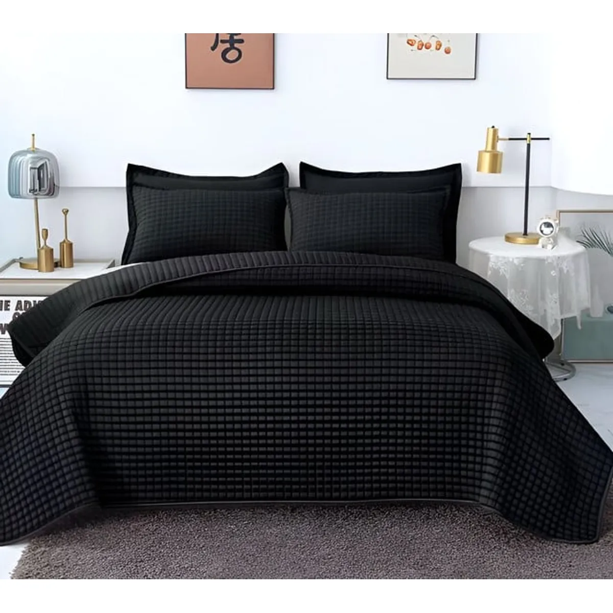 GENERICO - COBERTOR DE LUJO QUILT VERANO PLAZA Y MEDIA NEGRO