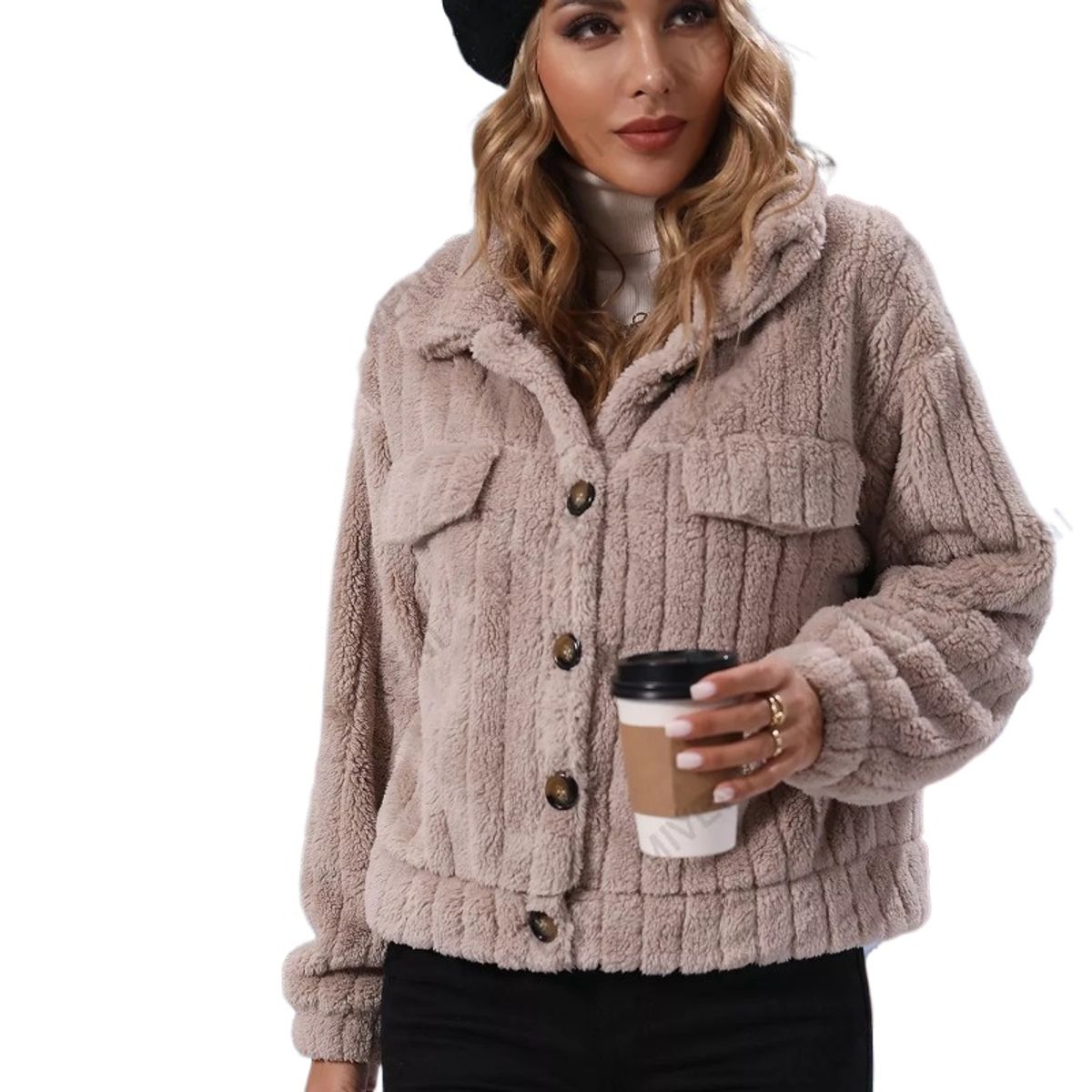 GIOIO - Chamarra Abrigos Corta De Mujer Con Solapa De Felpa A Rayas