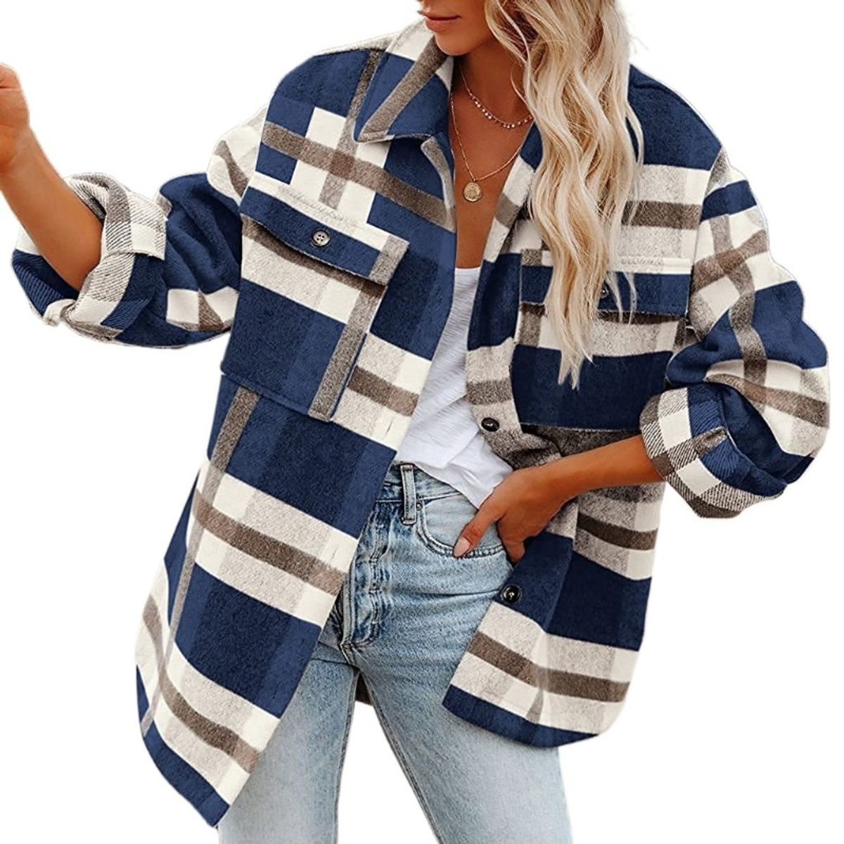 GIOIO - Chaqueta de franela de cuadros con botones para mujer