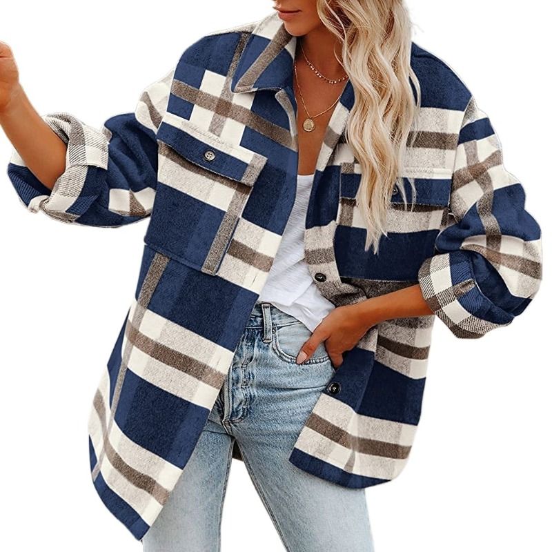 GIOIO - Chaqueta de franela de cuadros con botones para mujer