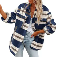 GIOIO - Chaqueta de franela de cuadros con botones para mujer