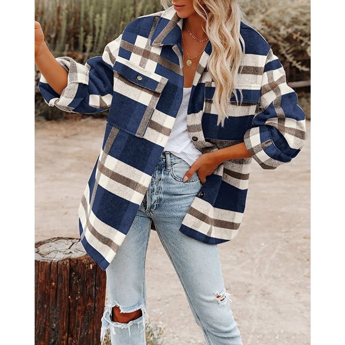 GIOIO - Chaqueta de franela de cuadros con botones para mujer