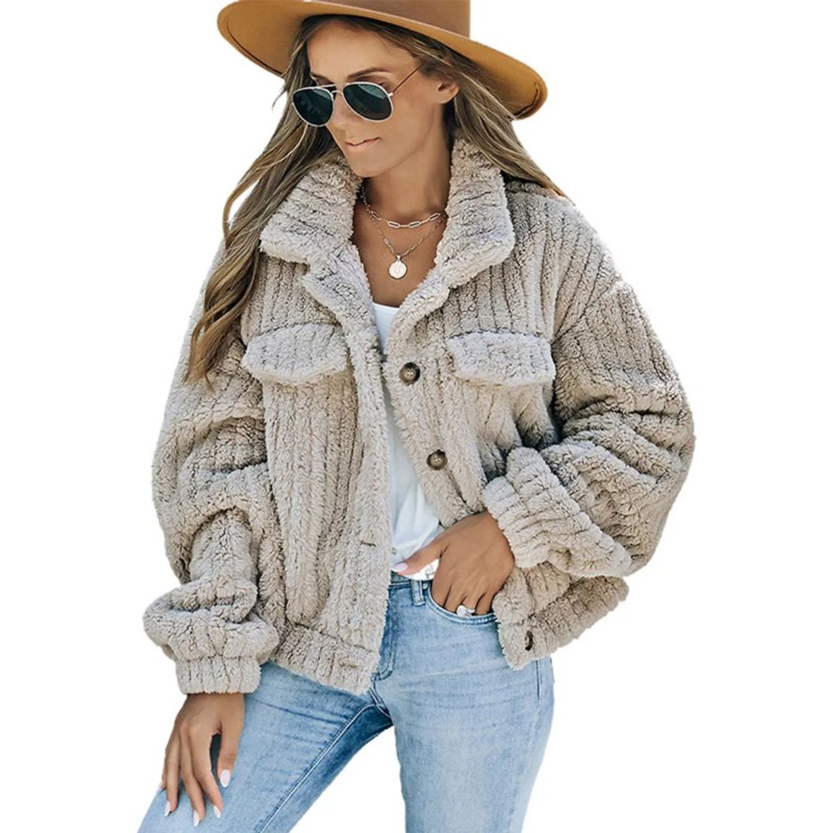 GIOIO - Chamarra Abrigos Corta De Mujer Con Solapa De Felpa A Rayas