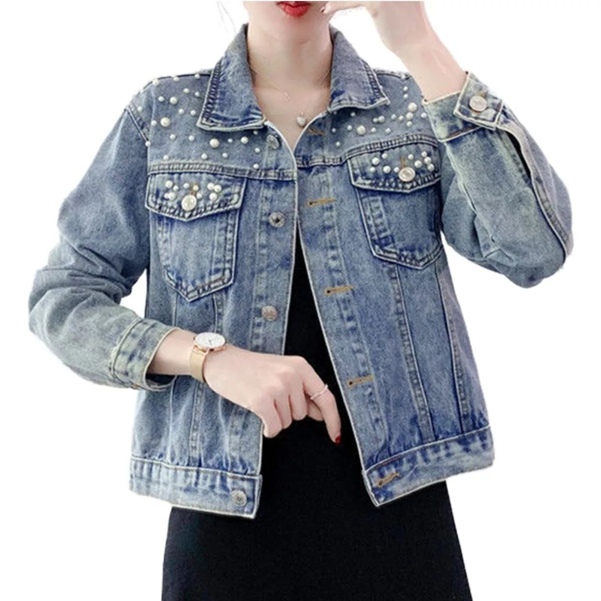 GIOIO - Chaqueta Vaquera Vintage Con Perlas De Imitación Para Mujer