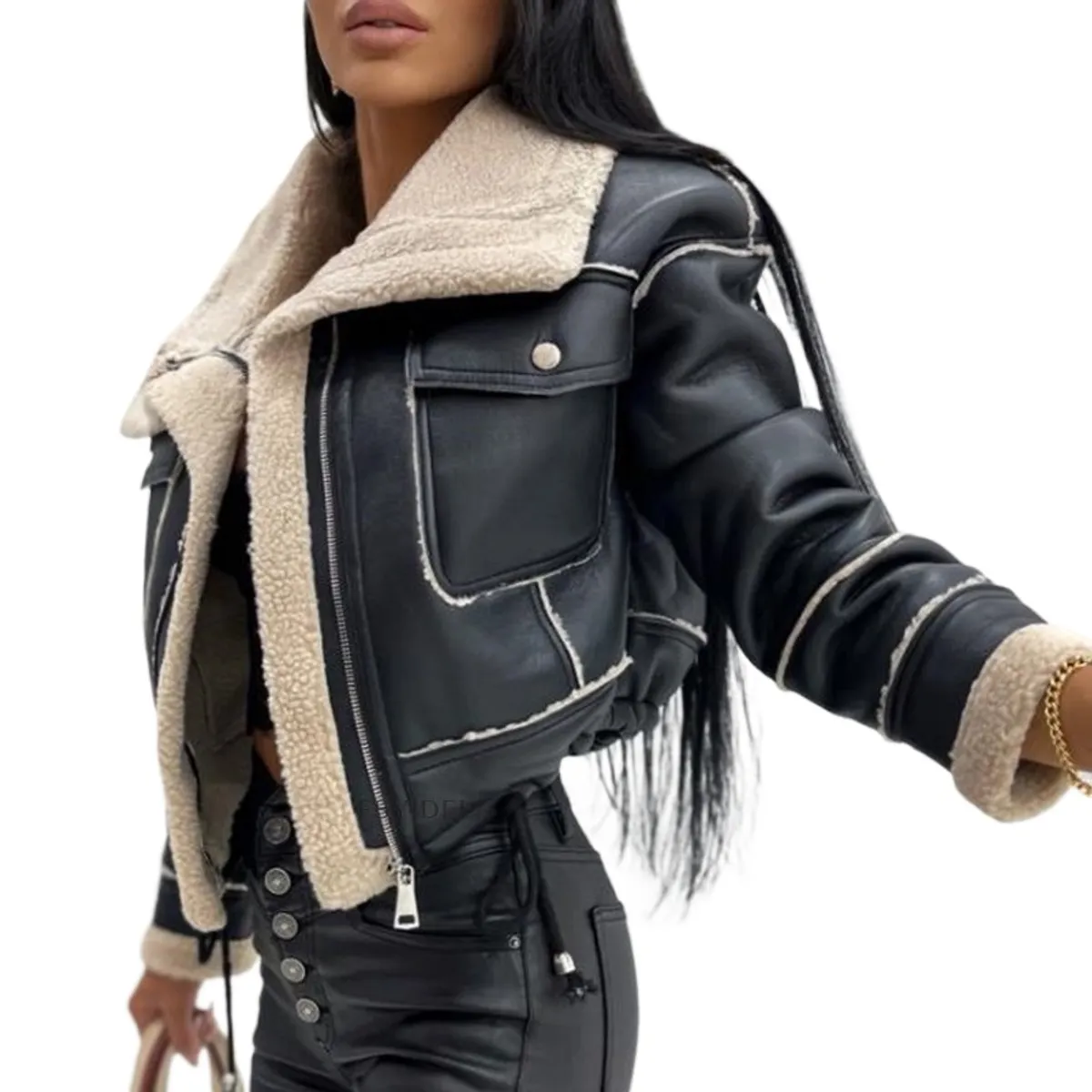 GIOIO - Chaqueta Mujer Peluche Corta Cremallera Motera Casual Invierno