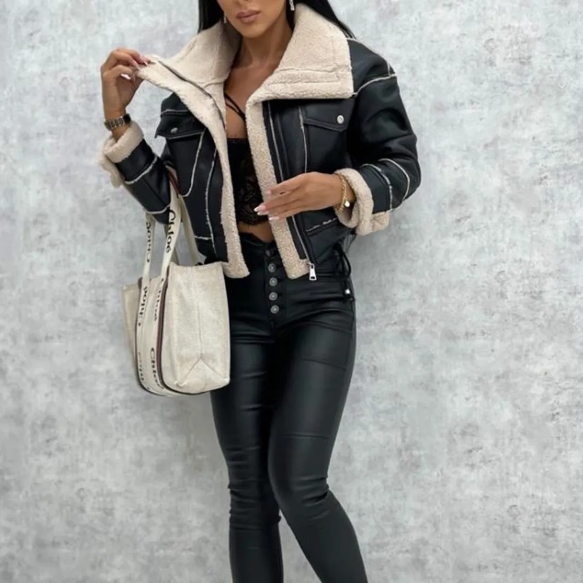 GIOIO - Chaqueta Mujer Peluche Corta Cremallera Motera Casual Invierno