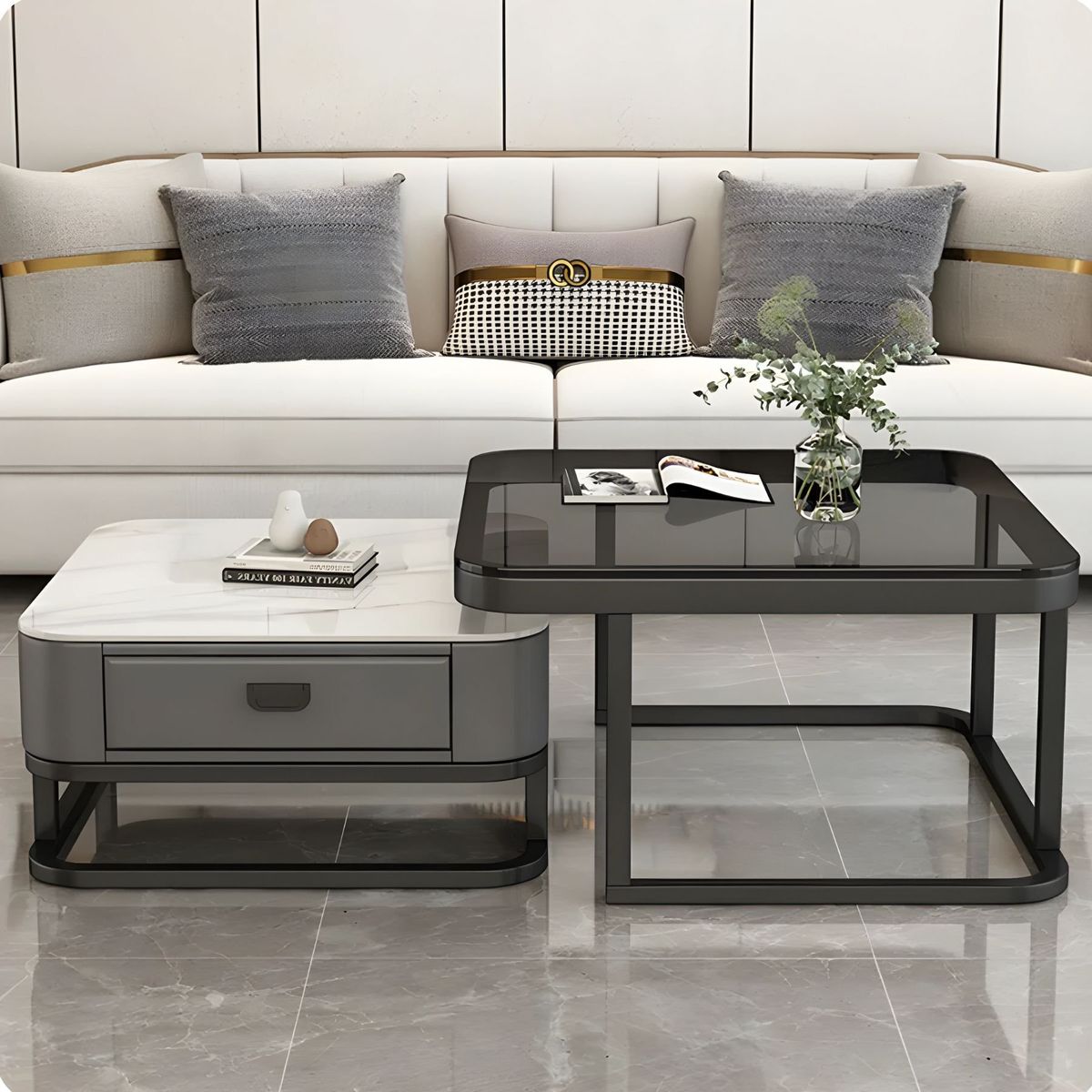 GENERICO - Mesa De Centro Tipo Nido Con Recubrimiento En Cuero