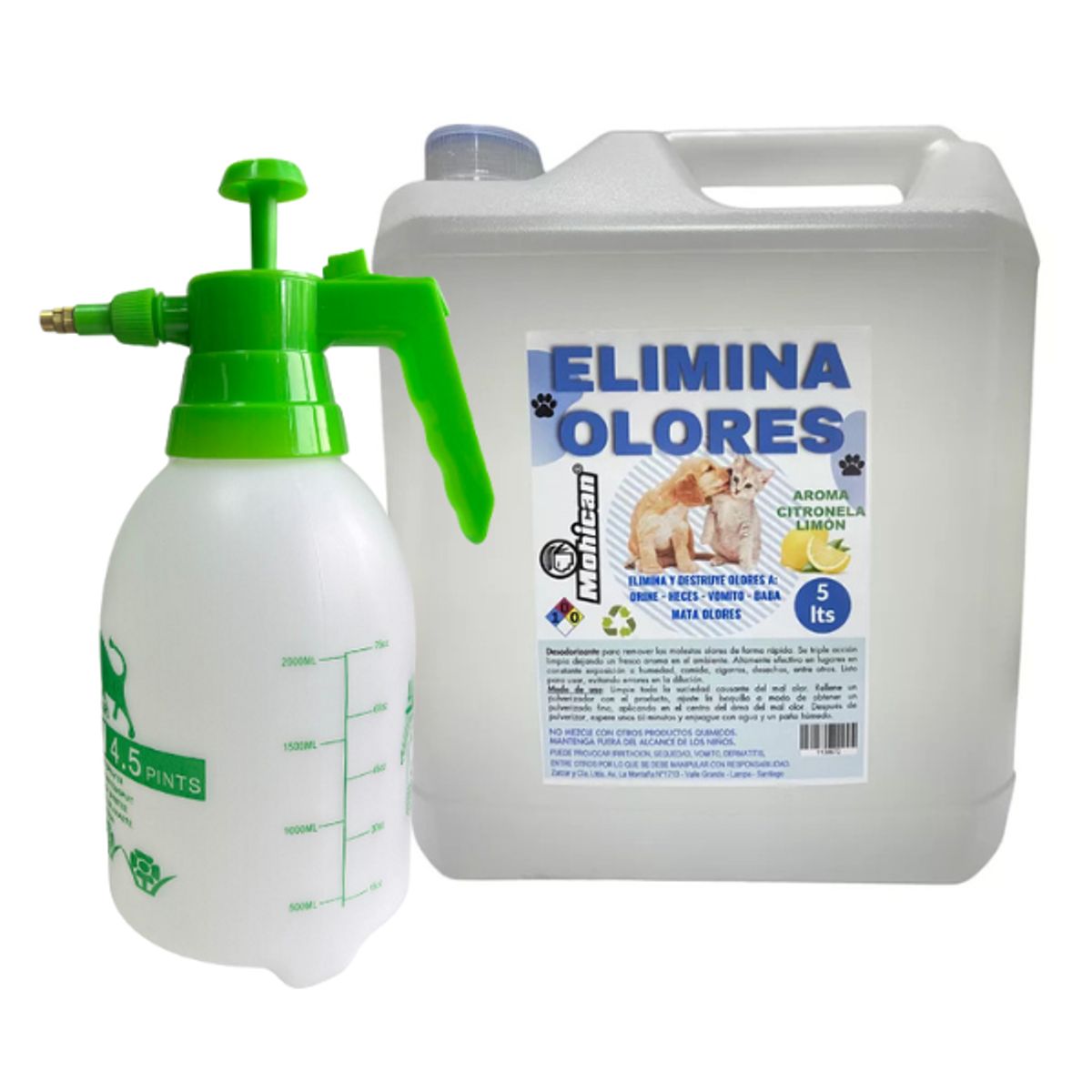 MOHICAN - PROMO ELIMINA OLORES ORINA Y HECES LIMON 5LT + ATOMIZADOR 2L