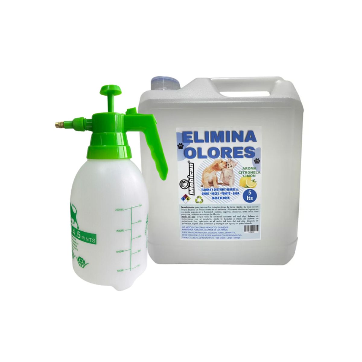MOHICAN - PROMO ELIMINA OLORES ORINA Y HECES LIMON 5LT + ATOMIZADOR 2L