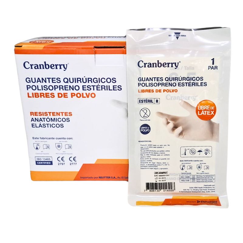 CRANBERRY - Guantes Quirurgico Polisopreno Sin Latex Cranberry 5 Pares - Talla 7