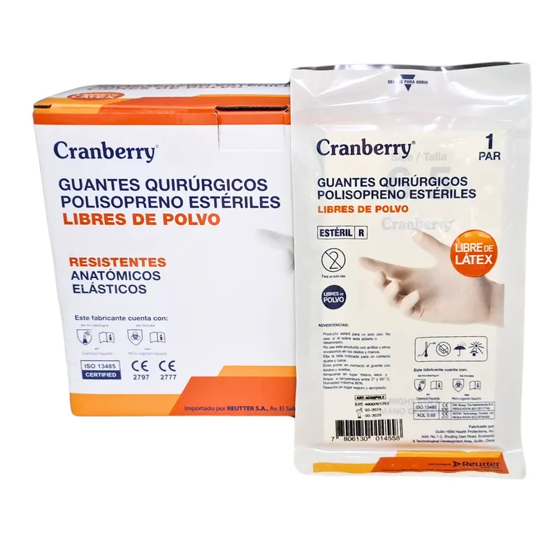 CRANBERRY - Guantes Quirurgico Polisopreno Sin Latex Cranberry 5 Pares - Talla 7 ½