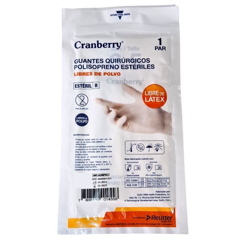 CRANBERRY - Guantes Quirurgico Polisopreno Sin Latex Cranberry 1 Par - Talla 8