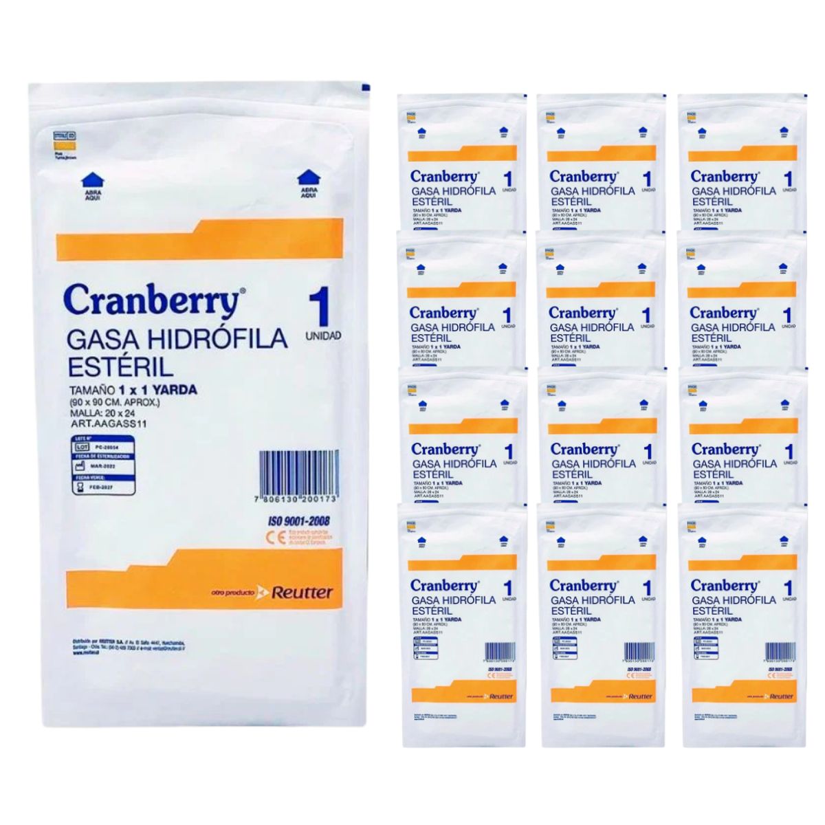 CRANBERRY - Gasa Hidrófila Estéril 1X1 Yarda 90X90 Bolsa 12 Un Cranberry