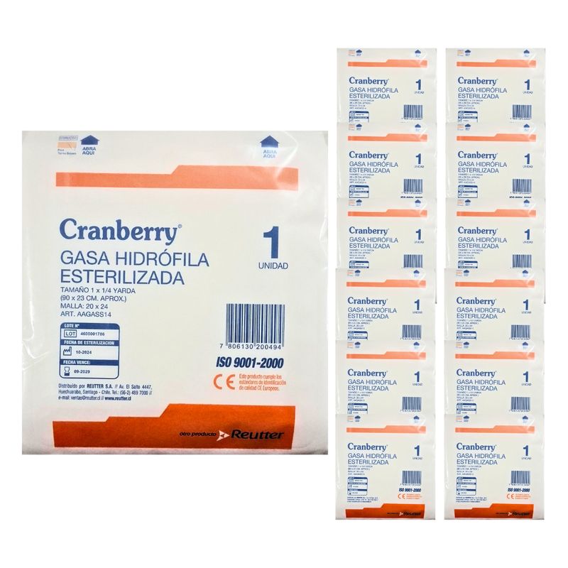 CRANBERRY - Gasa Hidrófila Estéril 1X14 Yarda 92X22 Bolsa 12 Un Cranberry