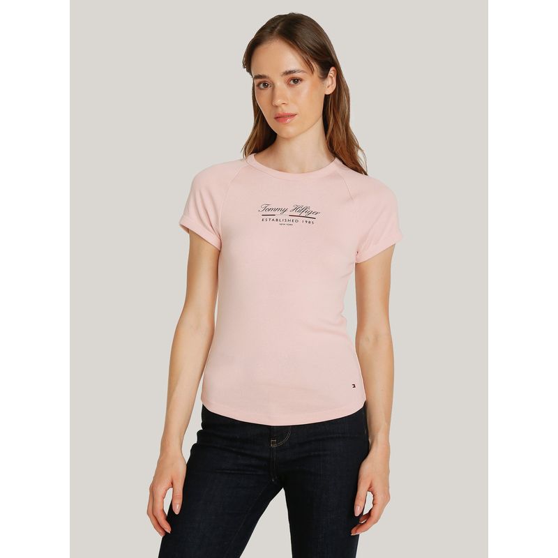 TOMMY HILFIGER - Polera Slim Fit Con Logo Script Rosado Tommy Hilfiger