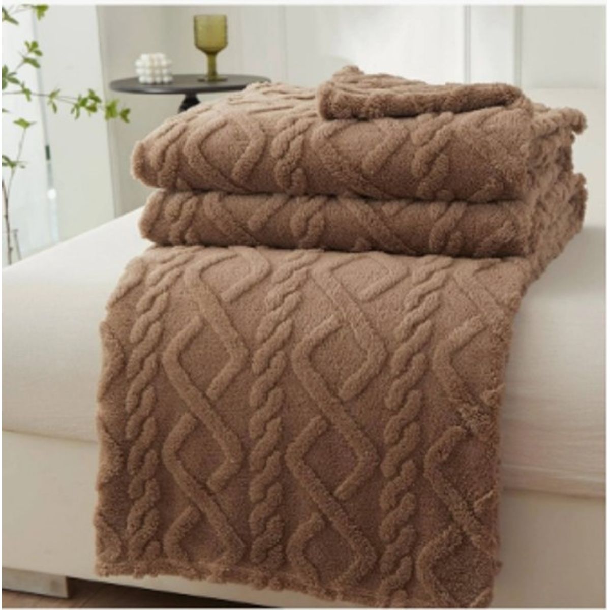 GENERICO - Frazada Felpa Texturizada de 2 Plazas Unicolor Cafe RS