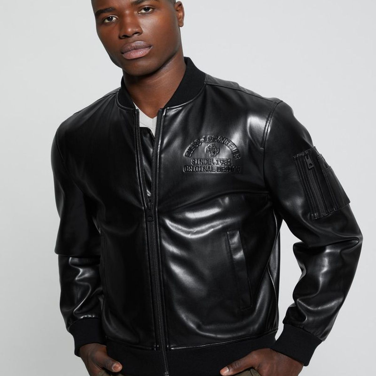 GUESS - Chaqueta District Faux Leather Bomber Hombre Negro